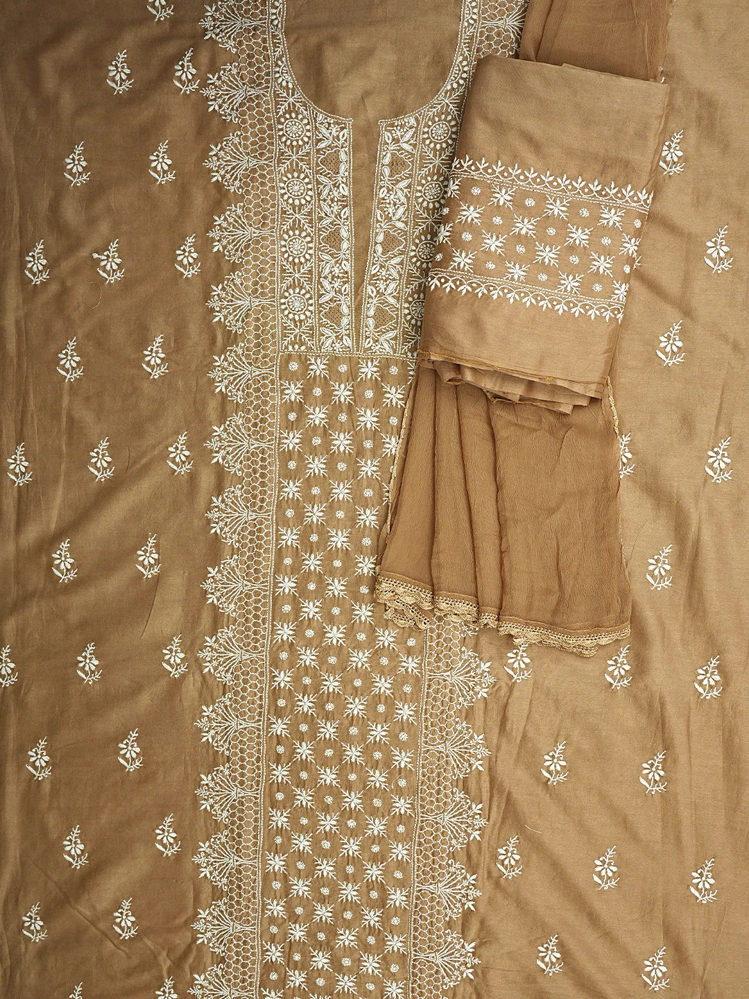 Ada Hand Embroidered Fawn Chanderi Lucknowi Chikankari Unstitched Suit Piece 01A932510
