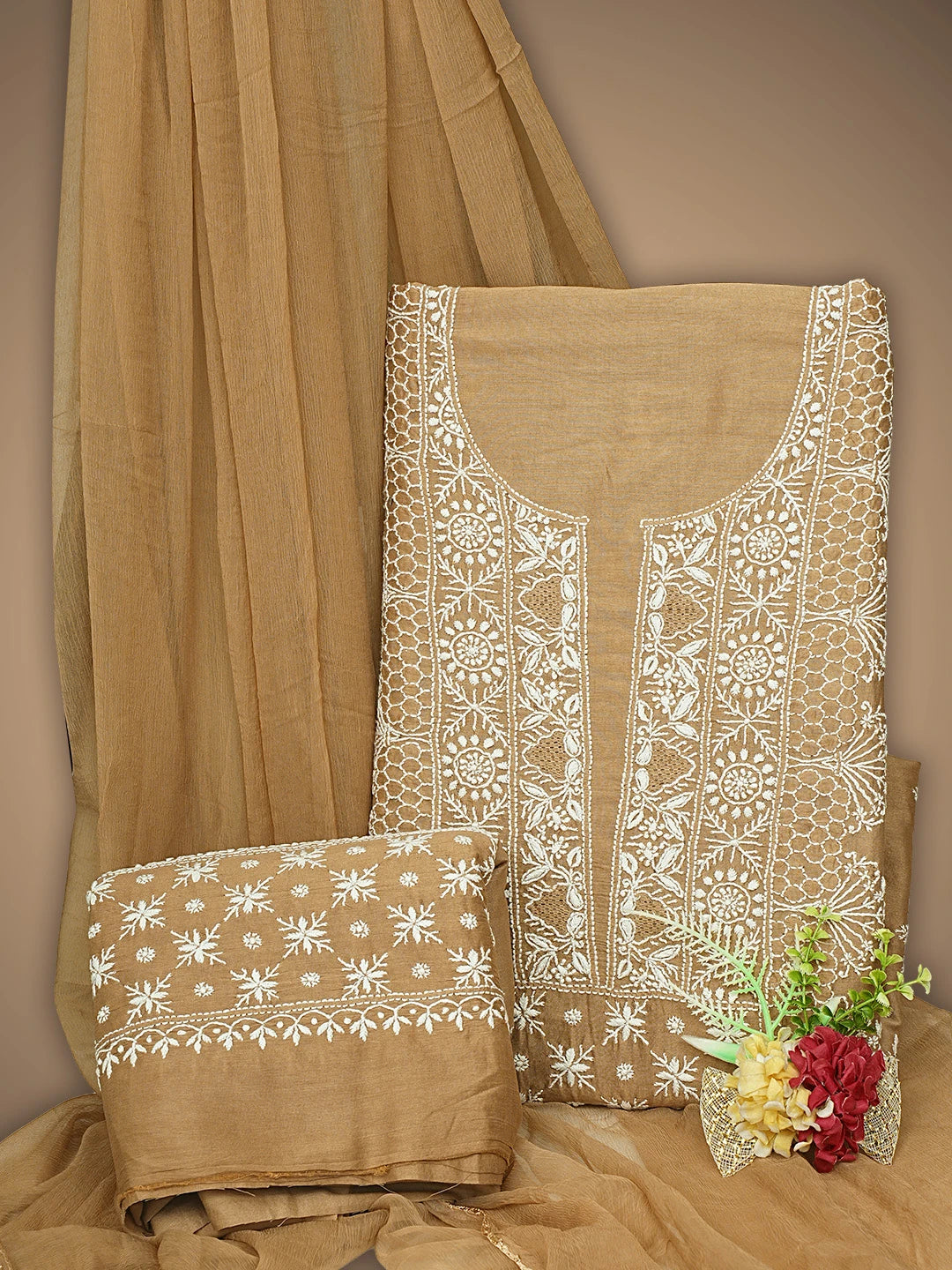 Ada Hand Embroidered Fawn Chanderi Lucknowi Chikankari Unstitched Suit Piece 01A932510