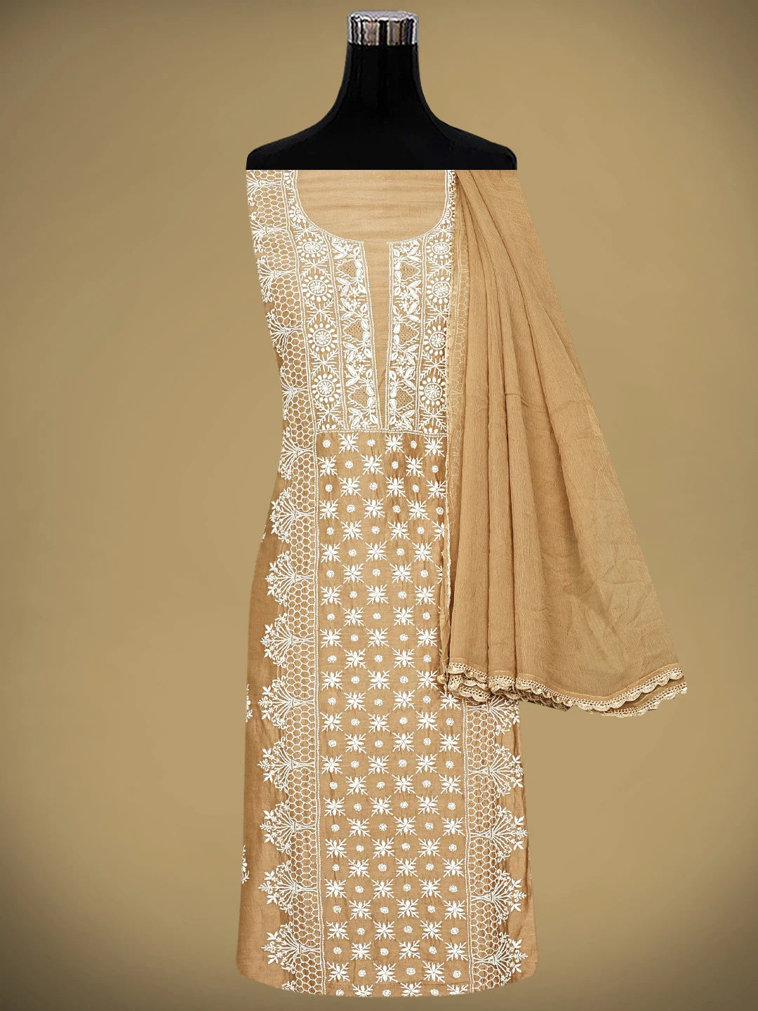 Ada Hand Embroidered Fawn Chanderi Lucknowi Chikankari Unstitched Suit Piece 01A932510