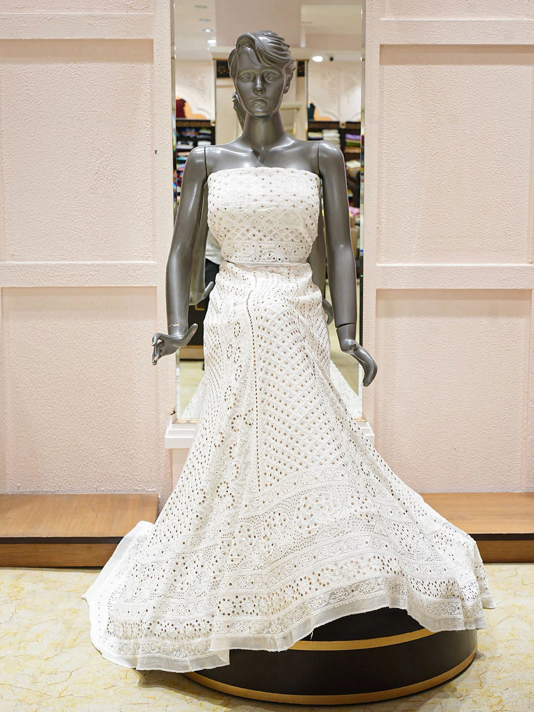 Ada Hand Embroidered White Pure Georgette Lucknowi Chikankari Lehenga Ghera Only (Skirt) With Muqaish/Mukaish Work 01A439646