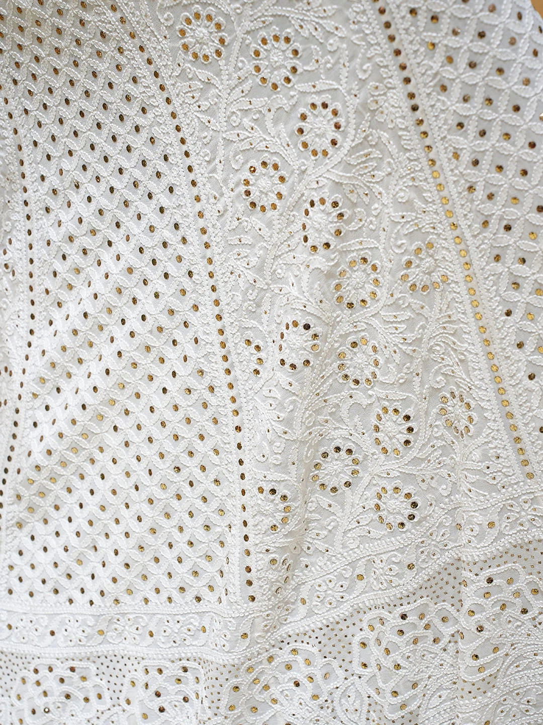 Ada Hand Embroidered White Pure Georgette Lucknowi Chikankari Lehenga Ghera Only (Skirt) With Muqaish/Mukaish Work 01A439646