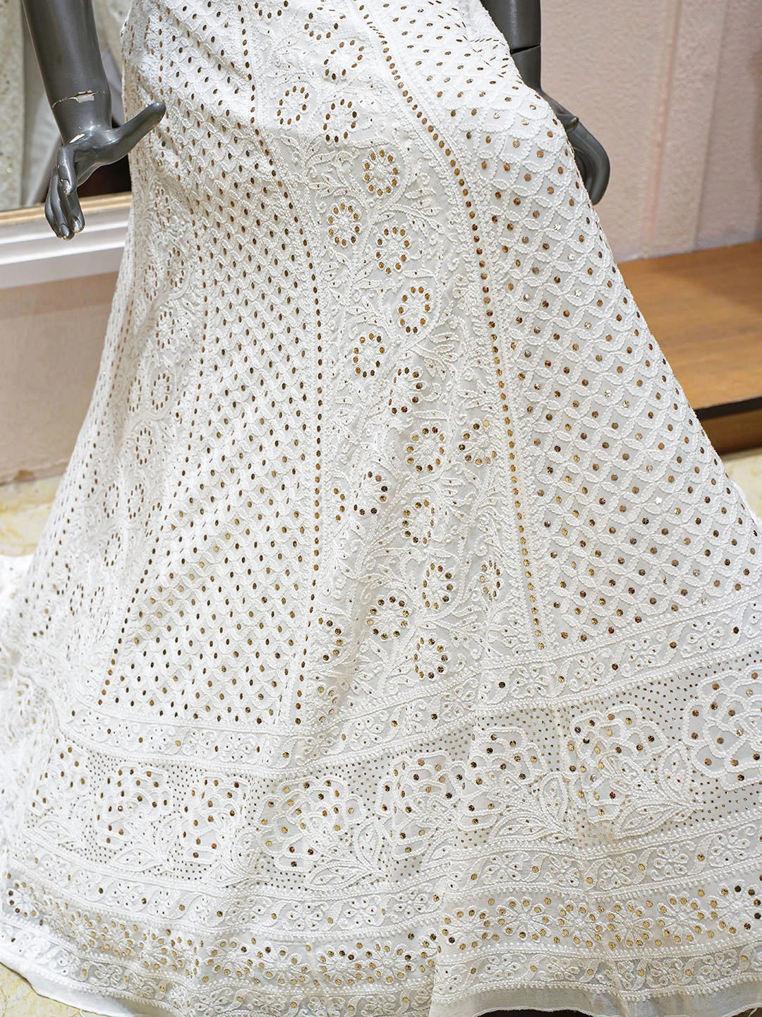 Ada Hand Embroidered White Pure Georgette Lucknowi Chikankari Lehenga Ghera Only (Skirt) With Muqaish/Mukaish Work 01A439646