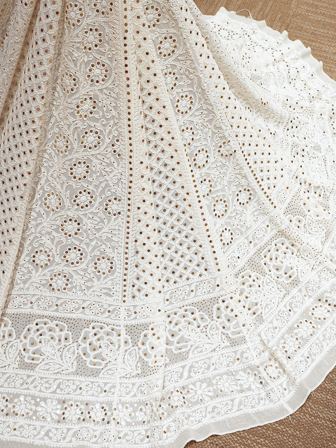 Ada Hand Embroidered White Pure Georgette Lucknowi Chikankari Lehenga Ghera Only (Skirt) With Muqaish/Mukaish Work 01A439646