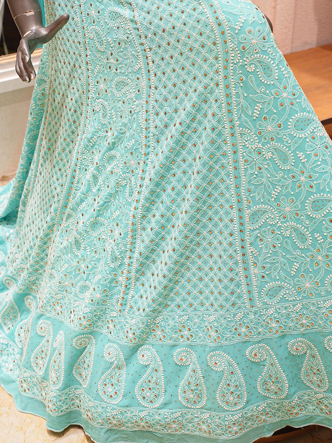 Ada Hand Embroidered Sea Green Pure Georgette Lucknowi Chikankari Lehenga Ghera Only (Skirt) With Muqaish/Mukaish Work A608096