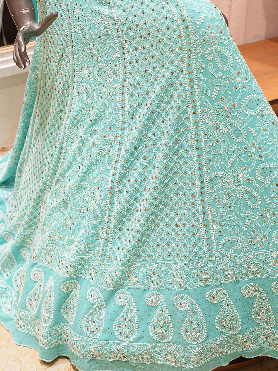 Ada Hand Embroidered Sea Green Pure Georgette Lucknowi Chikankari Lehenga Ghera Only (Skirt) With Muqaish/Mukaish Work A608096