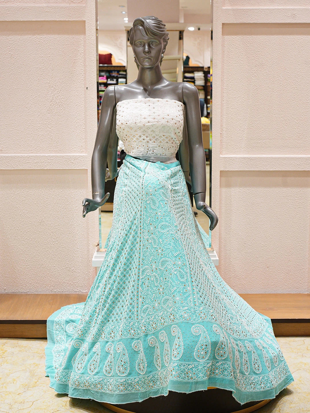 Ada Hand Embroidered Sea Green Pure Georgette Lucknowi Chikankari Lehenga Ghera Only (Skirt) With Muqaish/Mukaish Work A608096