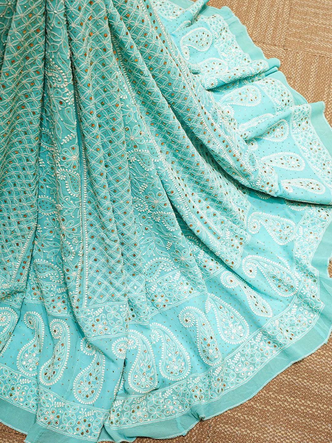 Ada Hand Embroidered Sea Green Pure Georgette Lucknowi Chikankari Lehenga Ghera Only (Skirt) With Muqaish/Mukaish Work A608096