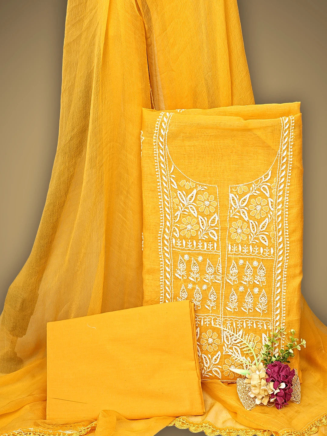 Ada Hand Embroidered Yellow Chanderi Lucknowi Chikankari Unstitched Suit Piece 01A593547