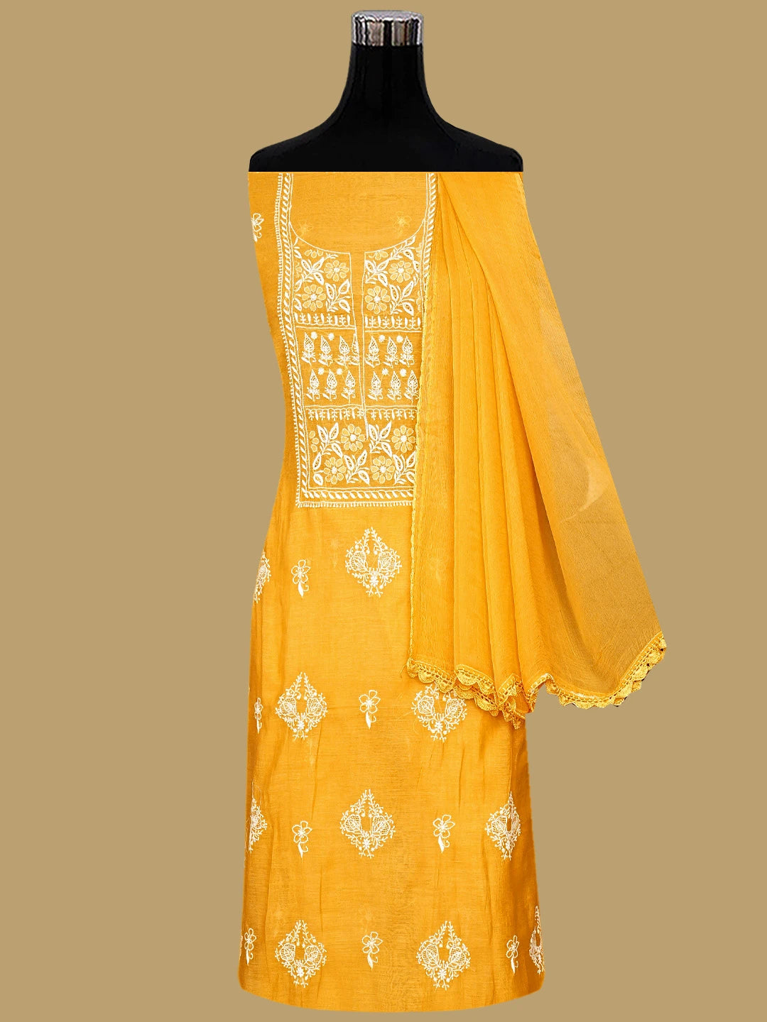 Ada Hand Embroidered Yellow Chanderi Lucknowi Chikankari Unstitched Suit Piece 01A593547