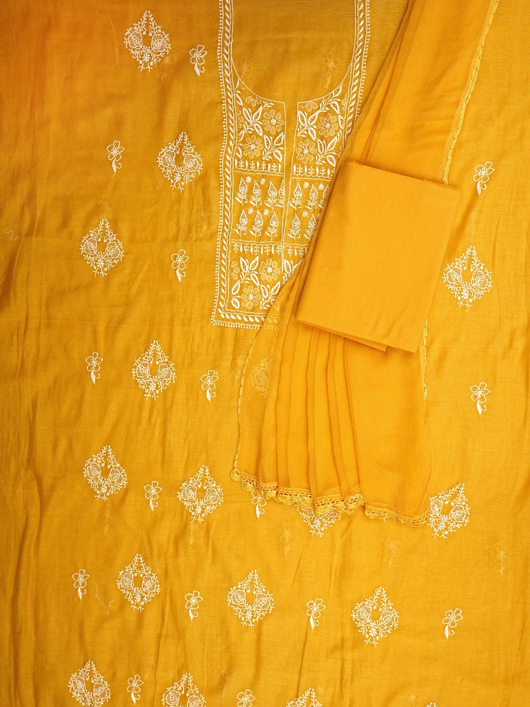 Ada Hand Embroidered Yellow Chanderi Lucknowi Chikankari Unstitched Suit Piece 01A593547