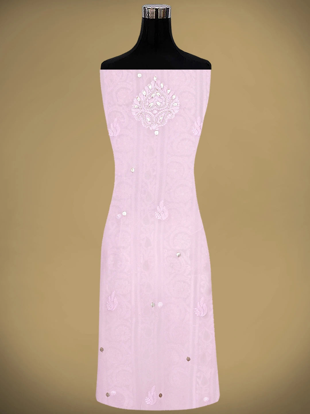 Ada Hand Embroidered Pink Viscose Georgette Lucknowi Chikankari Unstitched Kurta Dupatta Set With Gota Patti Work 01A933456