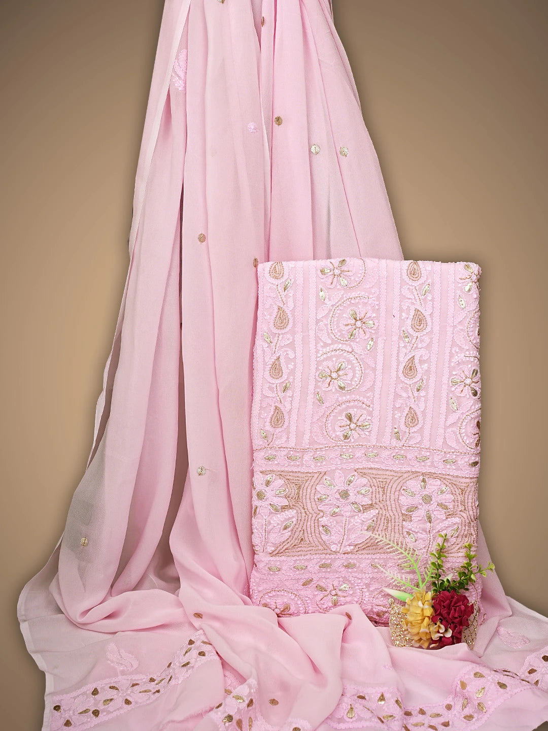 Ada Hand Embroidered Pink Viscose Georgette Lucknowi Chikankari Unstitched Kurta Dupatta Set With Gota Patti Work 01A933456