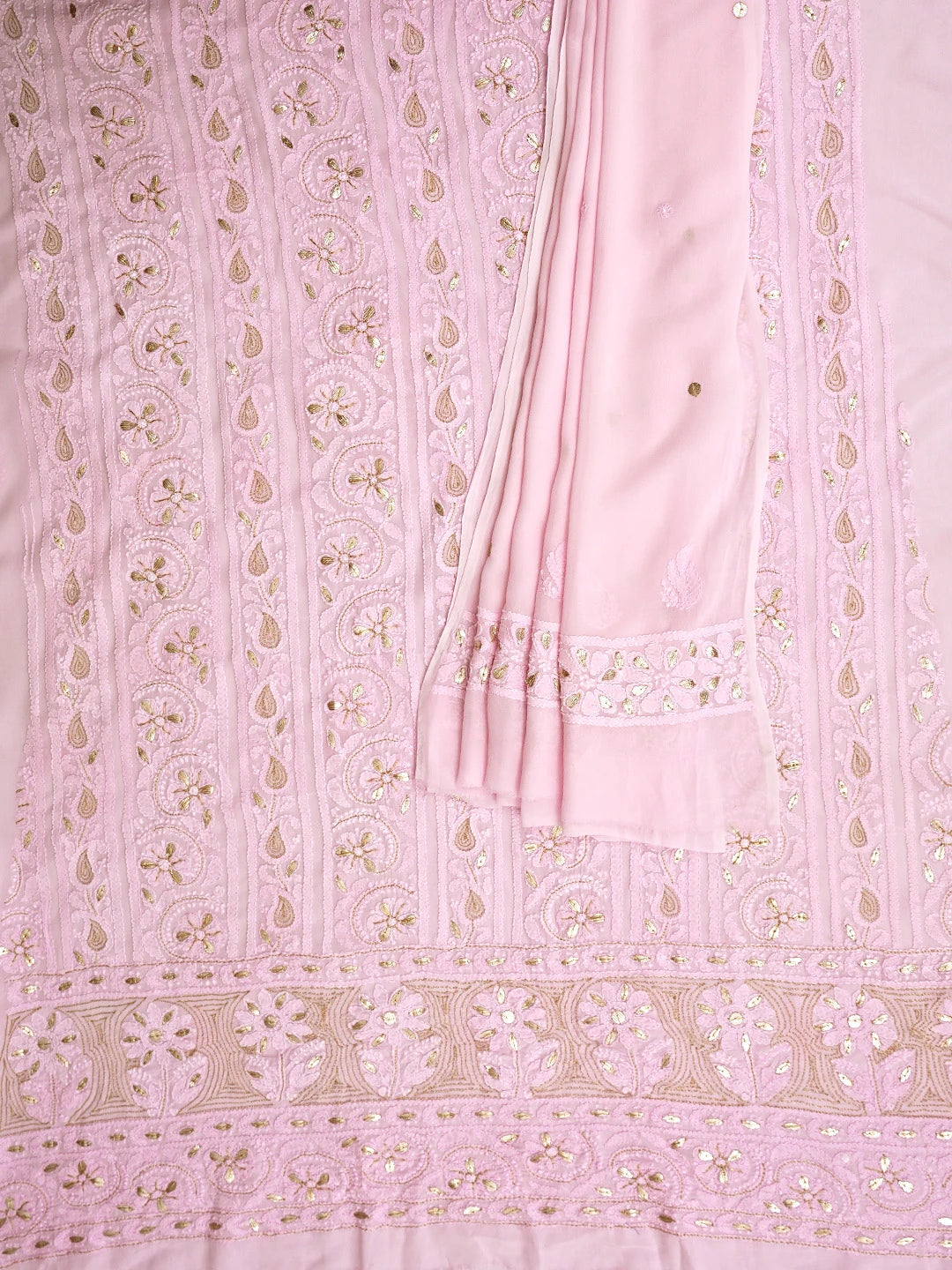 Ada Hand Embroidered Pink Viscose Georgette Lucknowi Chikankari Unstitched Kurta Dupatta Set With Gota Patti Work 01A933456