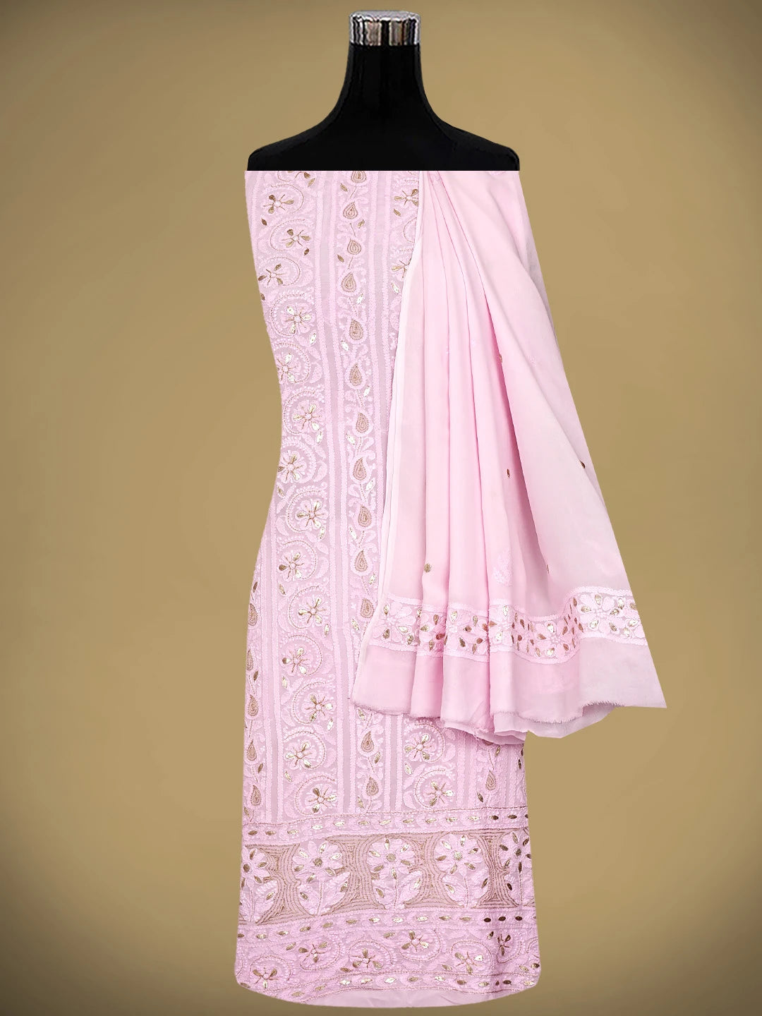 Ada Hand Embroidered Pink Viscose Georgette Lucknowi Chikankari Unstitched Kurta Dupatta Set With Gota Patti Work 01A933456