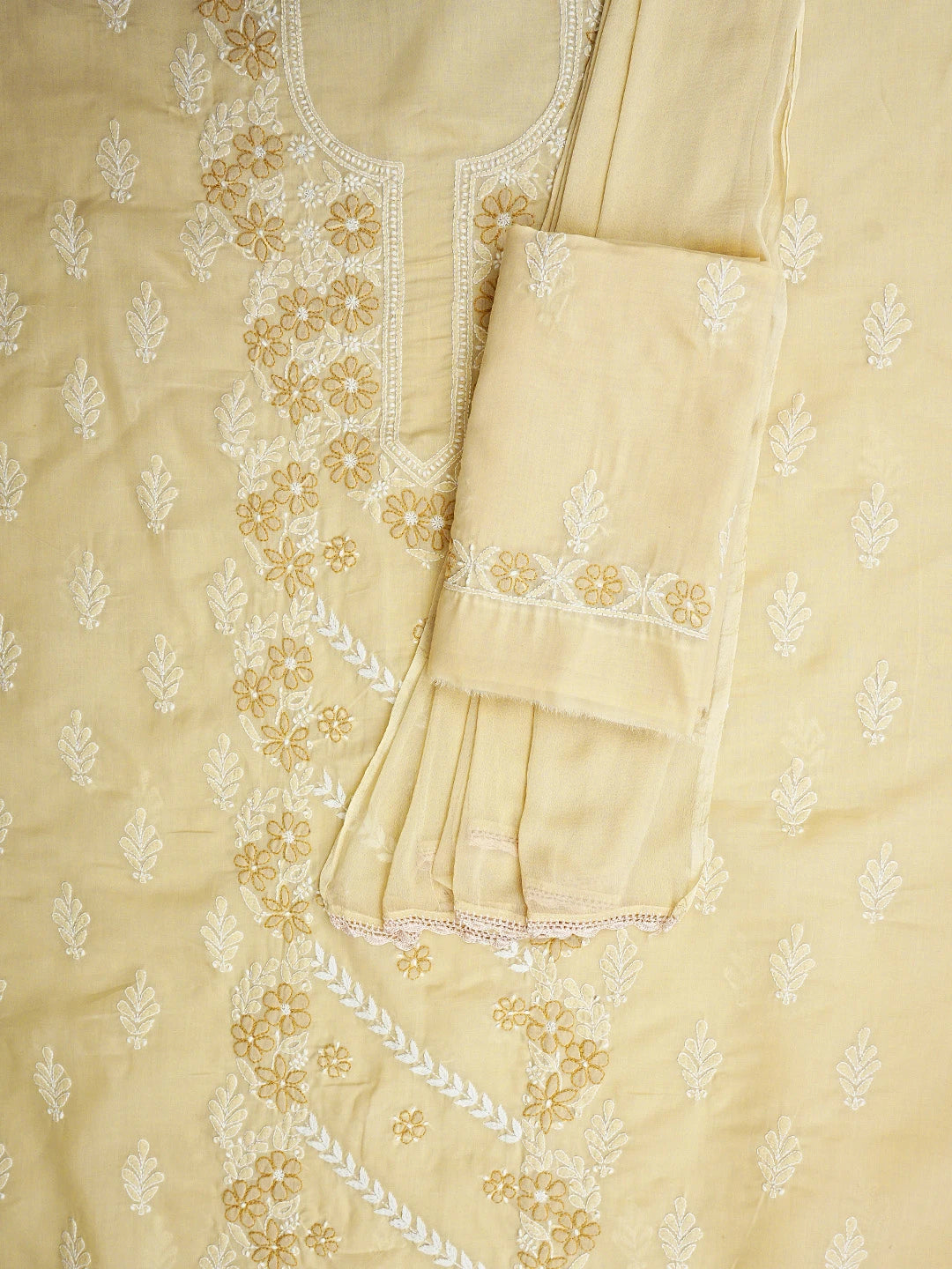 Ada Hand Embroidered Fawn Cotton Lucknowi Chikankari Unstitched Suit Piece 01A943566