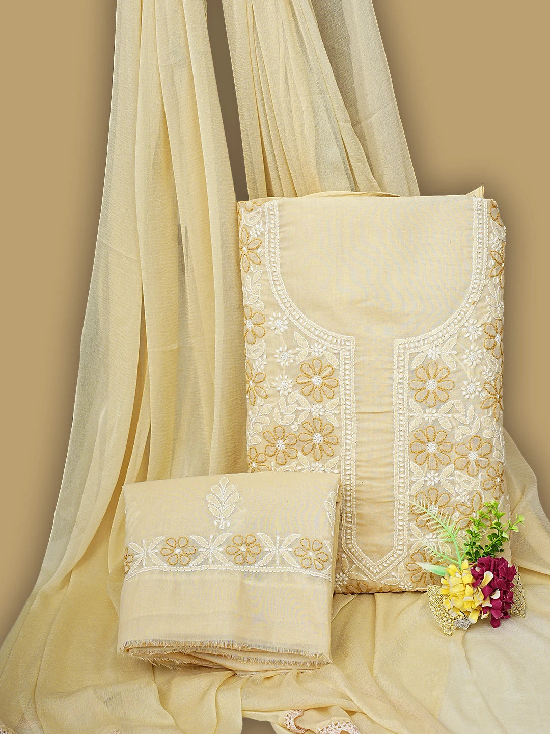 Ada Hand Embroidered Fawn Cotton Lucknowi Chikankari Unstitched Suit Piece 01A943566