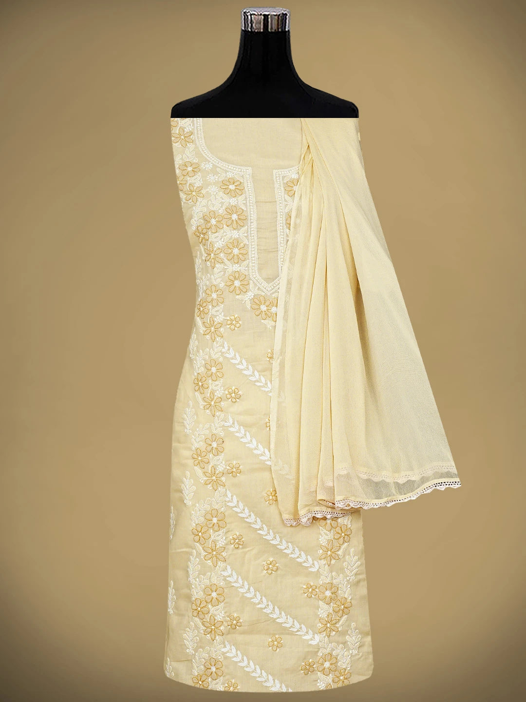 Ada Hand Embroidered Fawn Cotton Lucknowi Chikankari Unstitched Suit Piece 01A943566