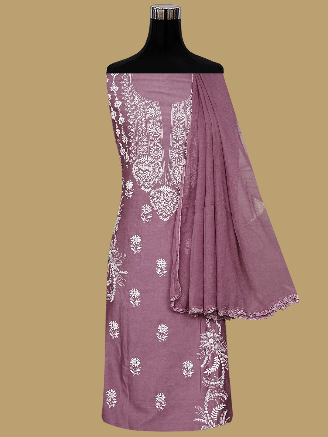 Ada Hand Embroidered Onion Pink Chanderi Lucknowi Chikankari Unstitched Suit Piece 01A932515