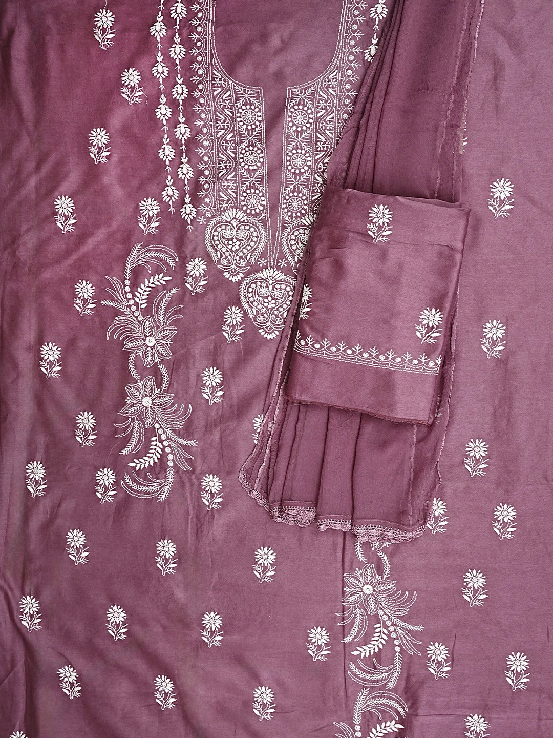 Ada Hand Embroidered Onion Pink Chanderi Lucknowi Chikankari Unstitched Suit Piece 01A932515