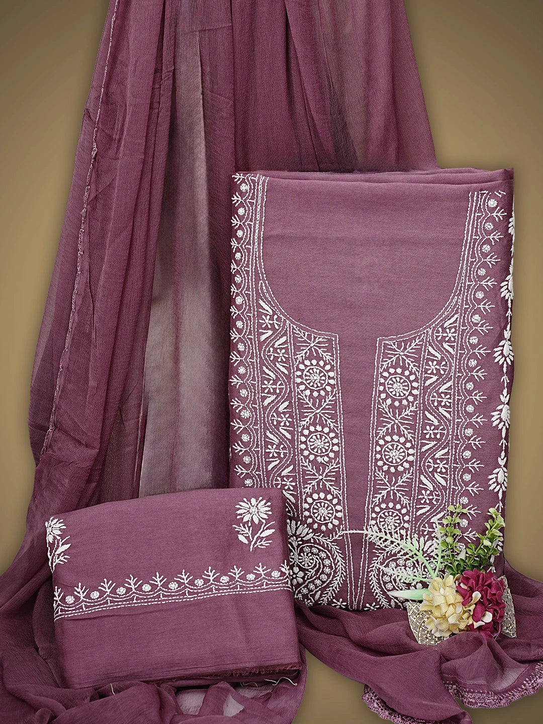 Ada Hand Embroidered Onion Pink Chanderi Lucknowi Chikankari Unstitched Suit Piece 01A932515