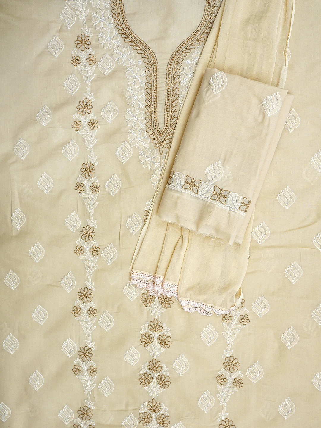 Ada Hand Embroidered Fawn Cotton Lucknowi Chikankari Unstitched Suit Piece 01A943480