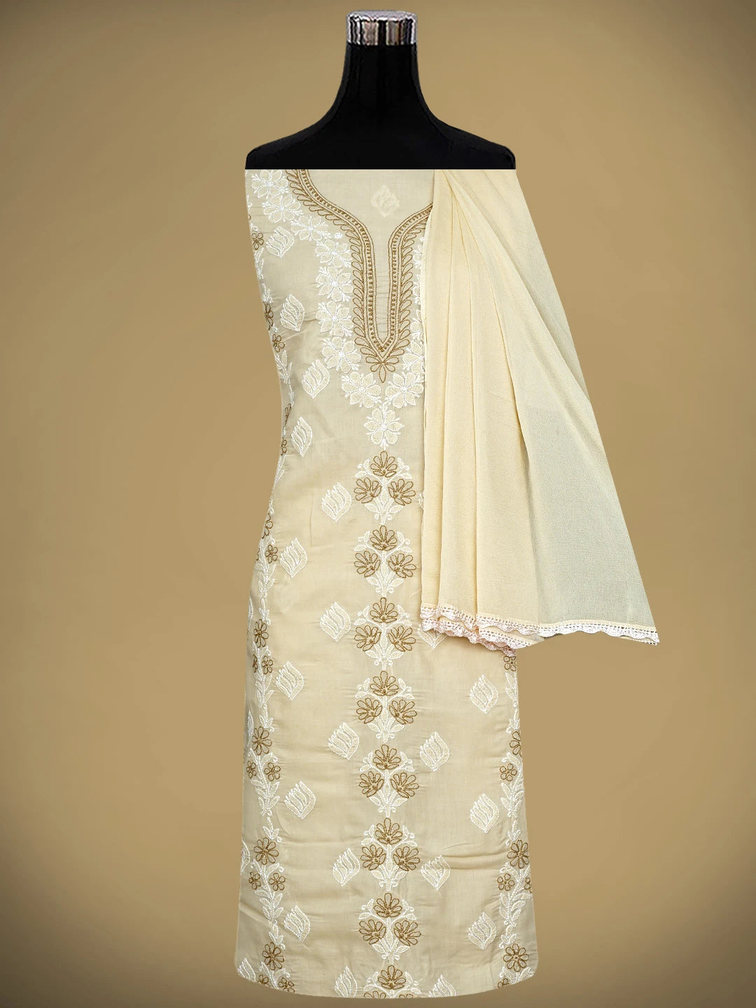 Ada Hand Embroidered Fawn Cotton Lucknowi Chikankari Unstitched Suit Piece 01A943480