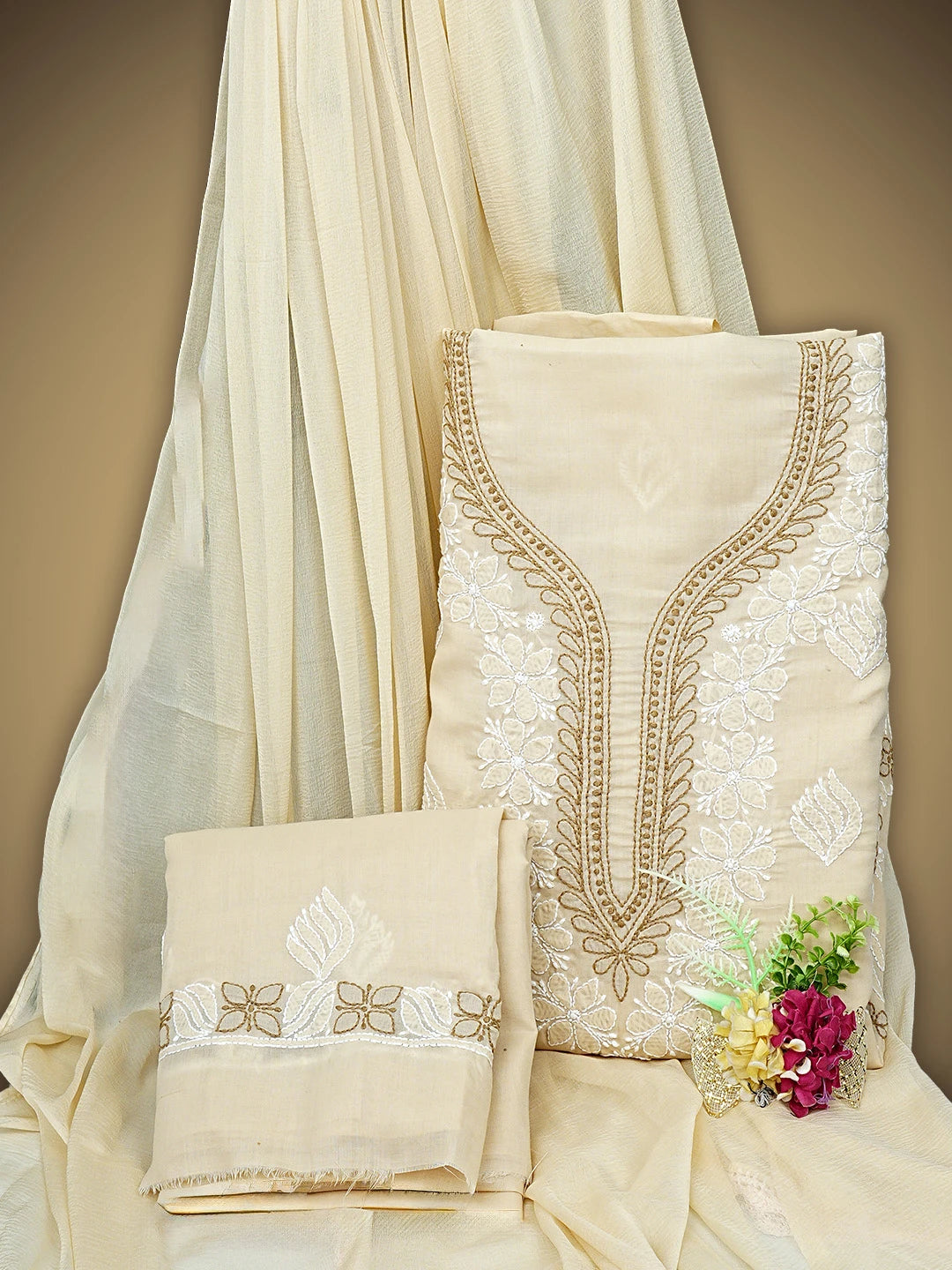 Ada Hand Embroidered Fawn Cotton Lucknowi Chikankari Unstitched Suit Piece 01A943480