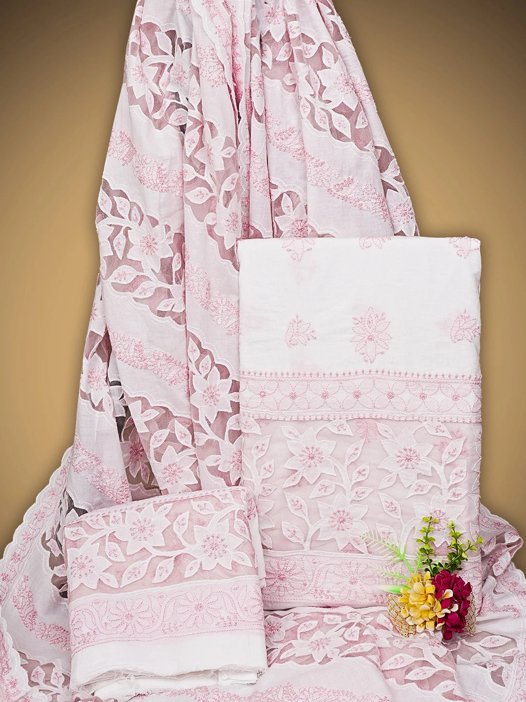 Ada Hand Embroidered White Cotton Lucknowi Chikankari Unstitched Suit Piece 01A735863
