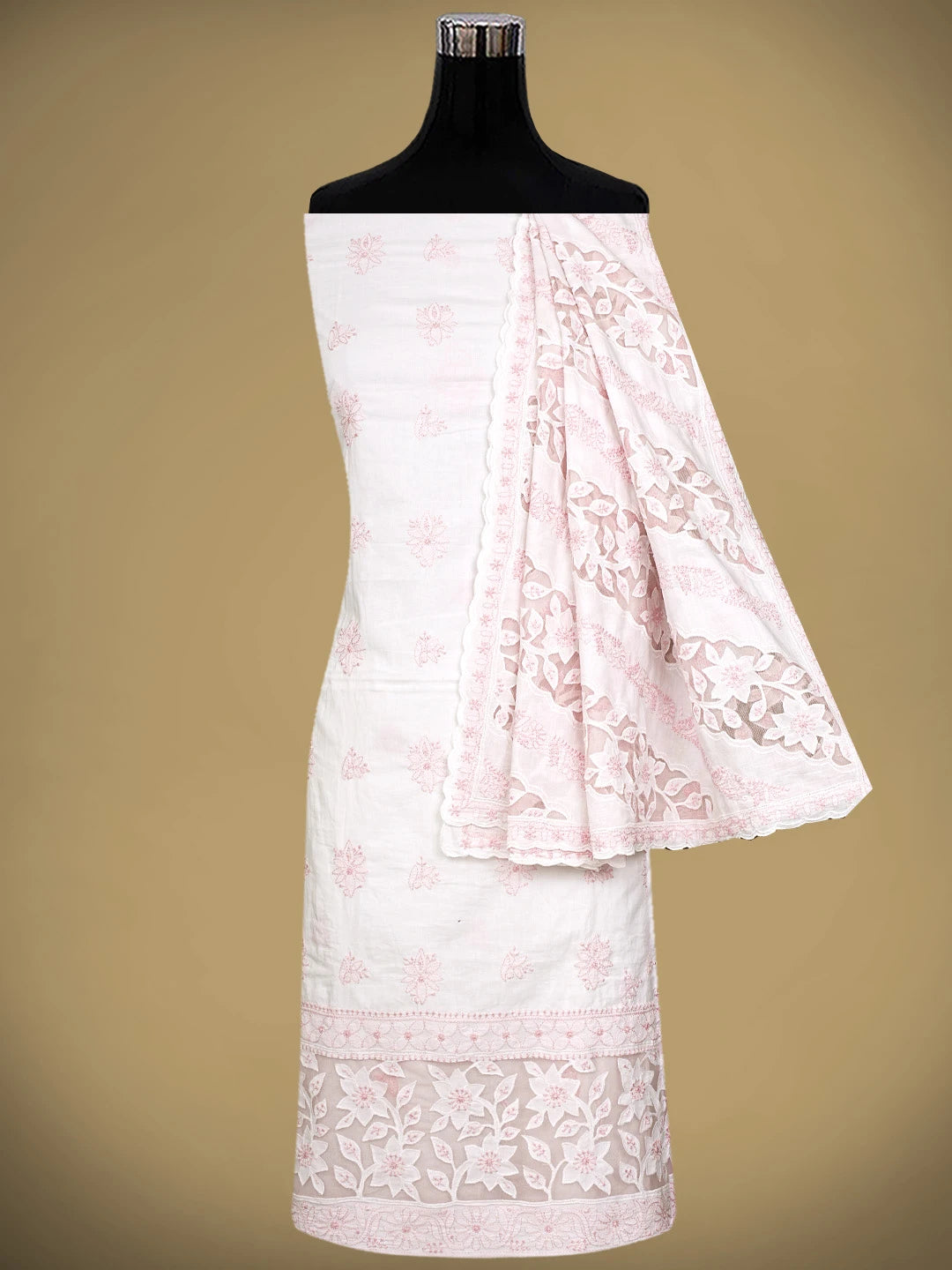 Ada Hand Embroidered White Cotton Lucknowi Chikankari Unstitched Suit Piece 01A735863