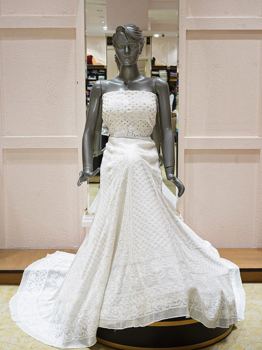 Ada Hand Embroidered White Pure Georgette Lucknowi Chikankari Lehenga Ghera Only (Skirt) 01A760094