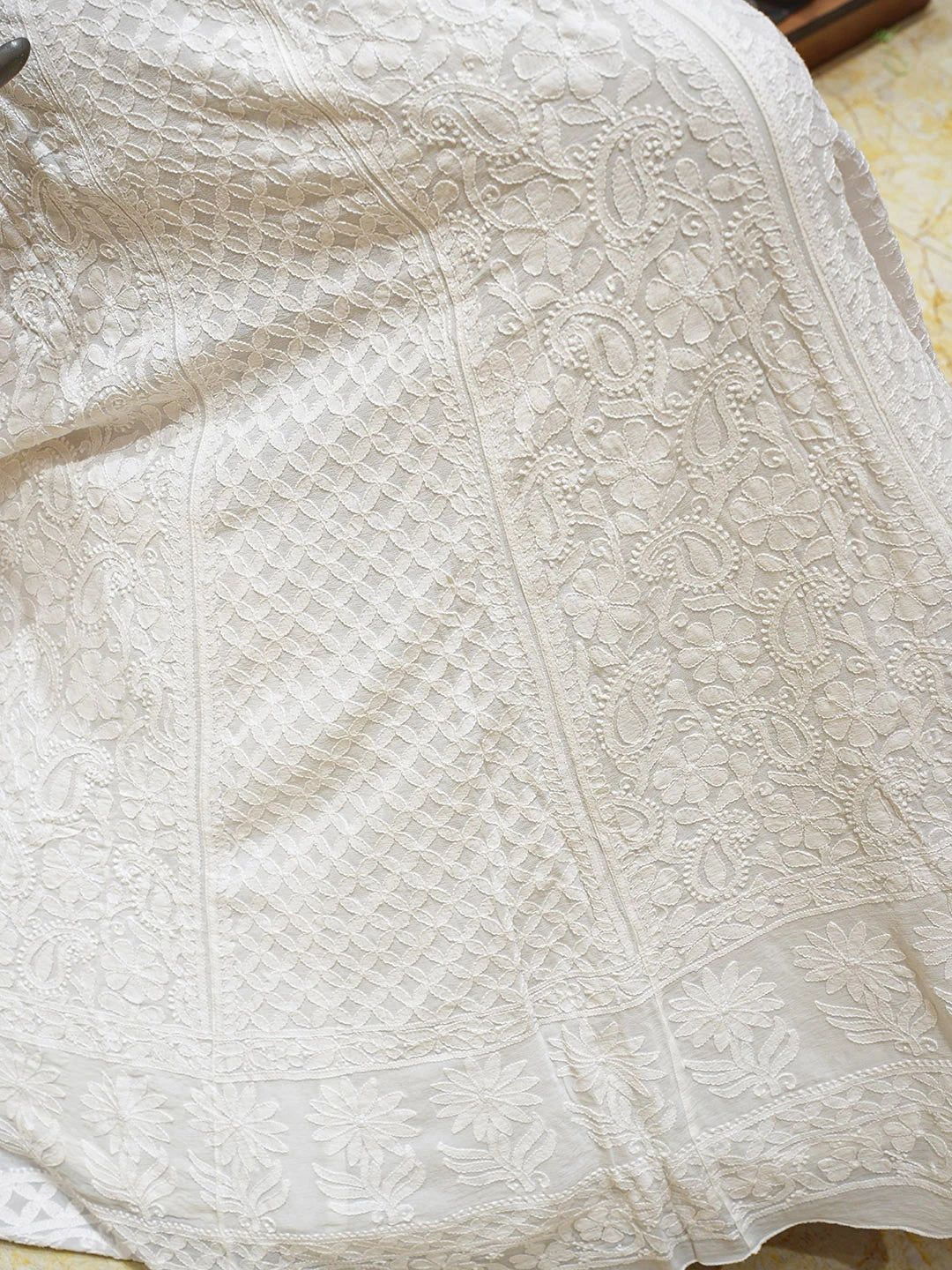 Ada Hand Embroidered White Pure Georgette Lucknowi Chikankari Lehenga Ghera Only (Skirt) 01A760094