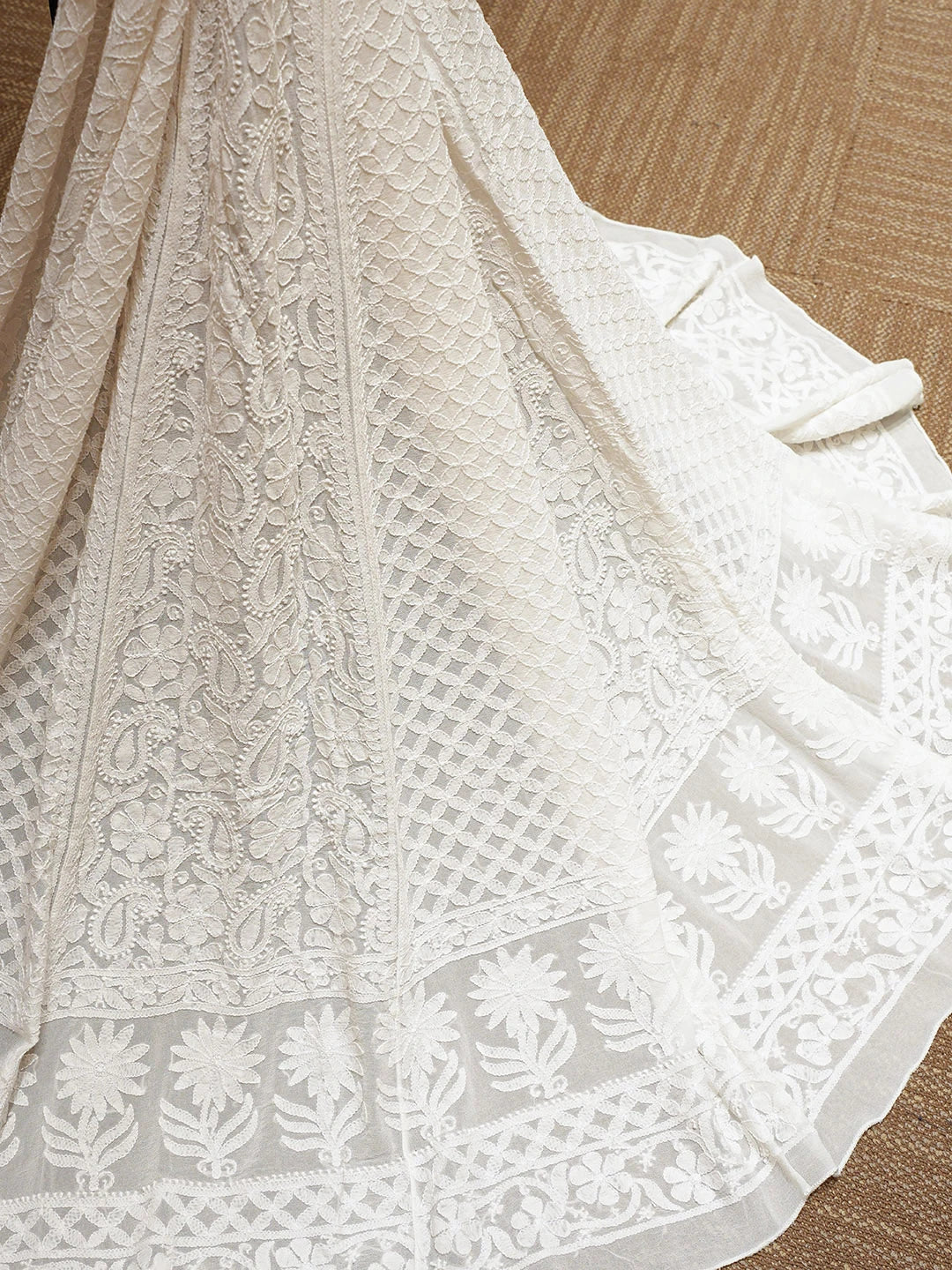 Ada Hand Embroidered White Pure Georgette Lucknowi Chikankari Lehenga Ghera Only (Skirt) 01A760094