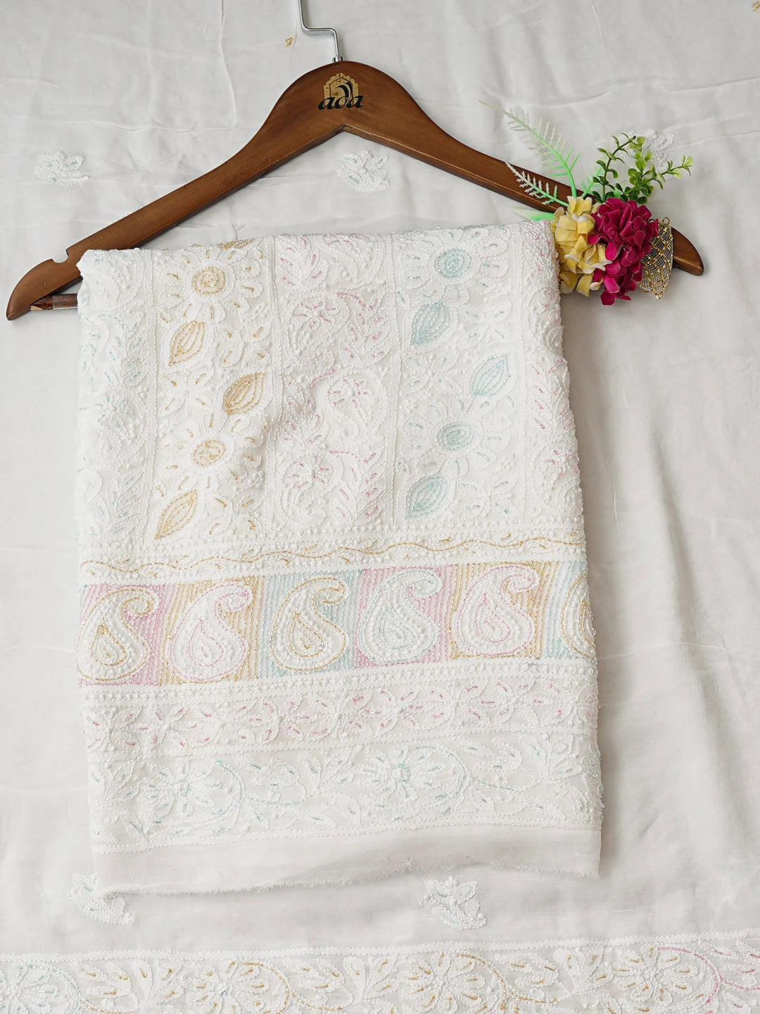 Ada Hand Embroidered White Viscose Georgette Lucknowi Chikankari Unstitched Kurta Dupatta Set With Cutdana Work 01A934107