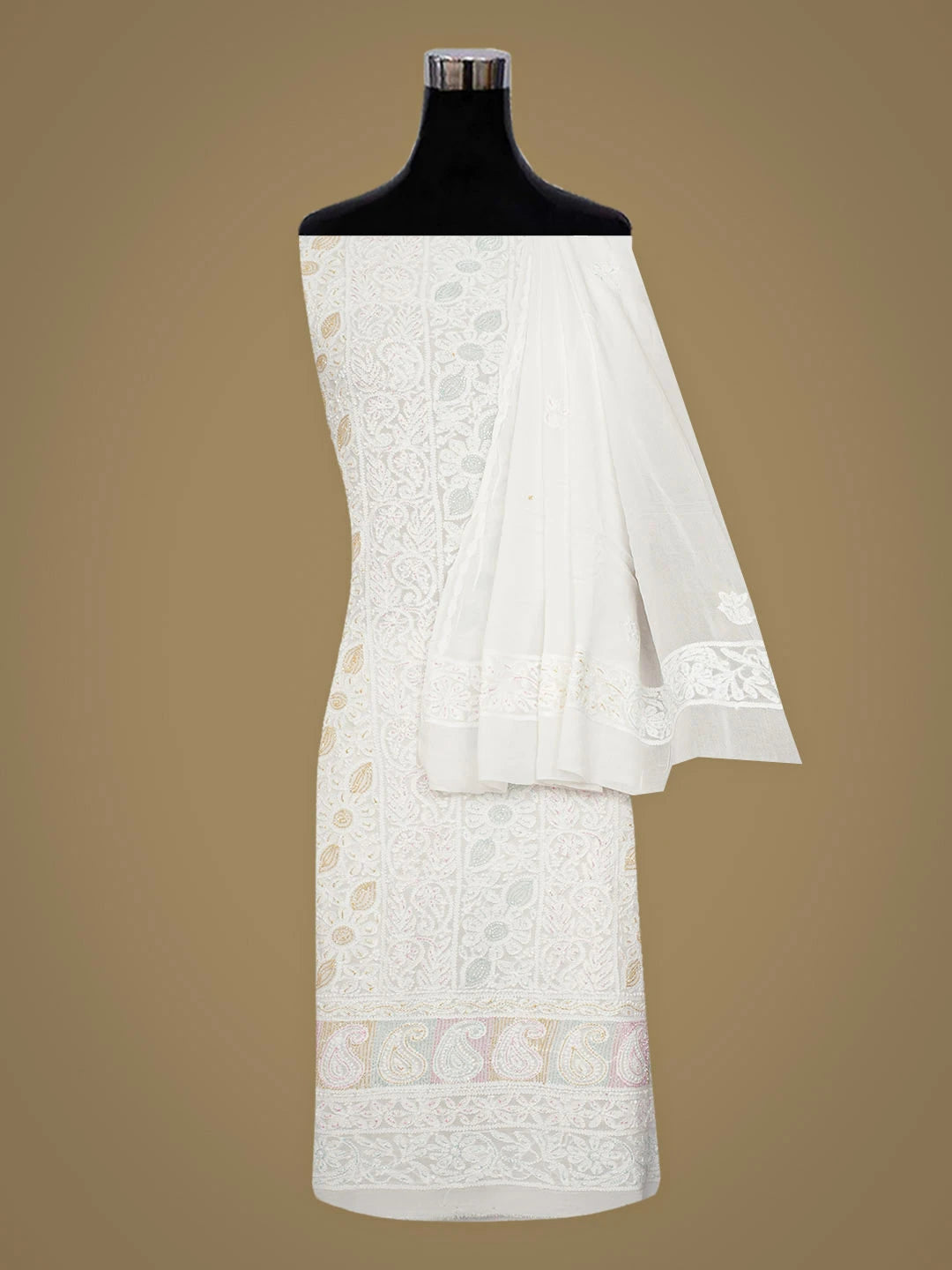 Ada Hand Embroidered White Viscose Georgette Lucknowi Chikankari Unstitched Kurta Dupatta Set With Cutdana Work 01A934107