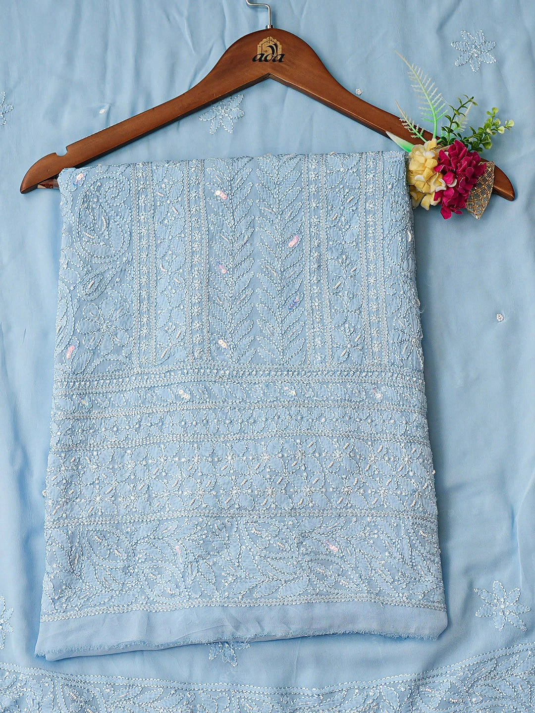 Ada Hand Embroidered Blue Viscose Georgette Lucknowi Chikankari Unstitched Kurta Dupatta Set With Cutdana Work 01A933587