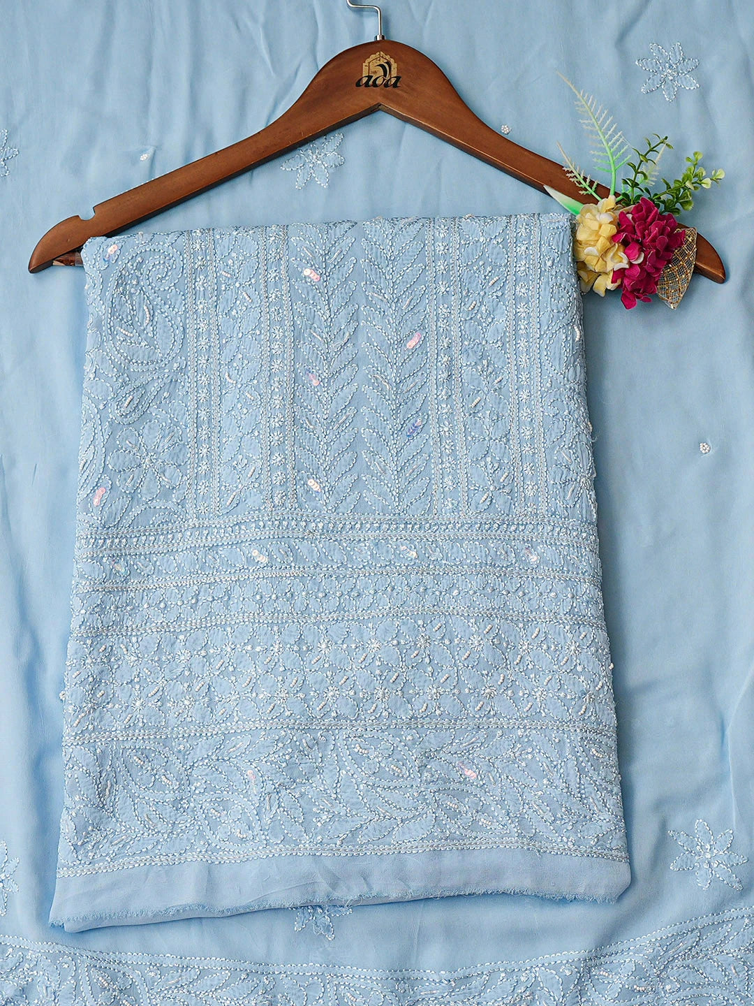 Ada Hand Embroidered Blue Viscose Georgette Lucknowi Chikankari Unstitched Kurta Dupatta Set With Cutdana Work 01A933587