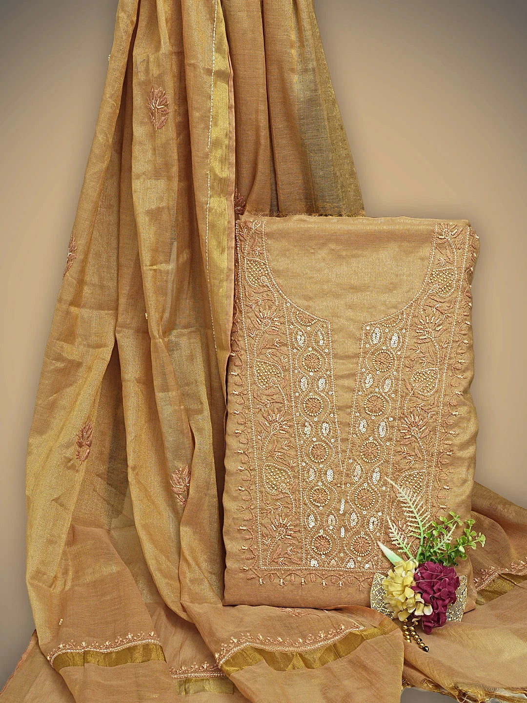 Ada Hand Embroidered Dusty Peach Tissue Lucknowi Chikankari Unstitched Kurta Dupatta Set With Pearl Work 01A779575