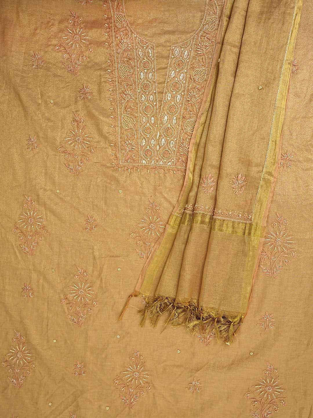 Ada Hand Embroidered Dusty Peach Tissue Lucknowi Chikankari Unstitched Kurta Dupatta Set With Pearl Work 01A779575