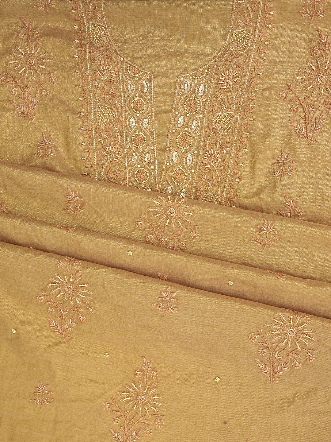 Ada Hand Embroidered Dusty Peach Tissue Lucknowi Chikankari Unstitched Kurta Dupatta Set With Pearl Work 01A779575
