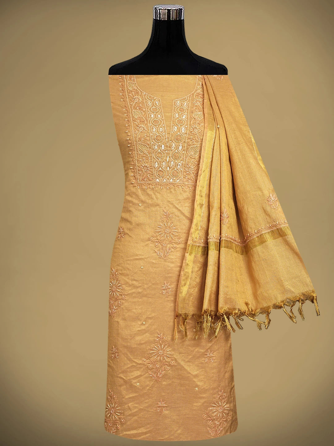 Ada Hand Embroidered Dusty Peach Tissue Lucknowi Chikankari Unstitched Kurta Dupatta Set With Pearl Work 01A779575