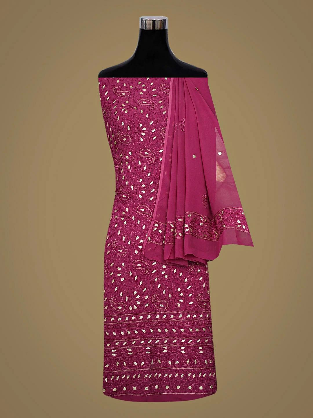 Ada Hand Embroidered Onion Pink Viscose Georgette Lucknowi Chikankari Unstitched Kurta Dupatta Set With Gota Patti Work 01A933424