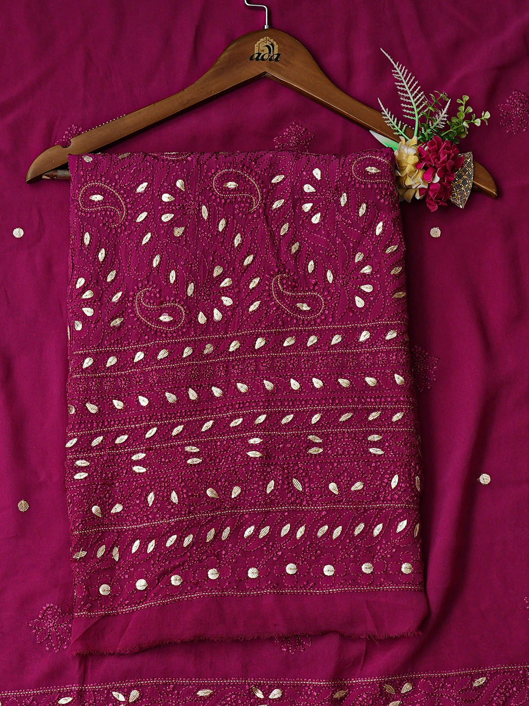 Ada Hand Embroidered Onion Pink Viscose Georgette Lucknowi Chikankari Unstitched Kurta Dupatta Set With Gota Patti Work 01A933424