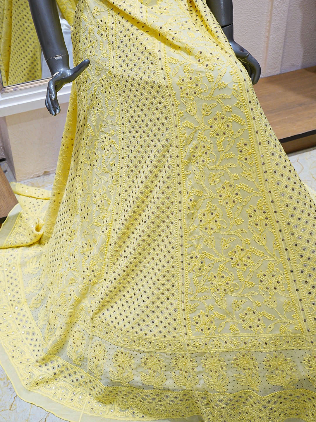 Ada Hand Embroidered Yellow Viscose Georgette Lucknowi Chikankari Lehenga Ghera Only (Skirt) With Mukaish/Muqaish Work 01A762813