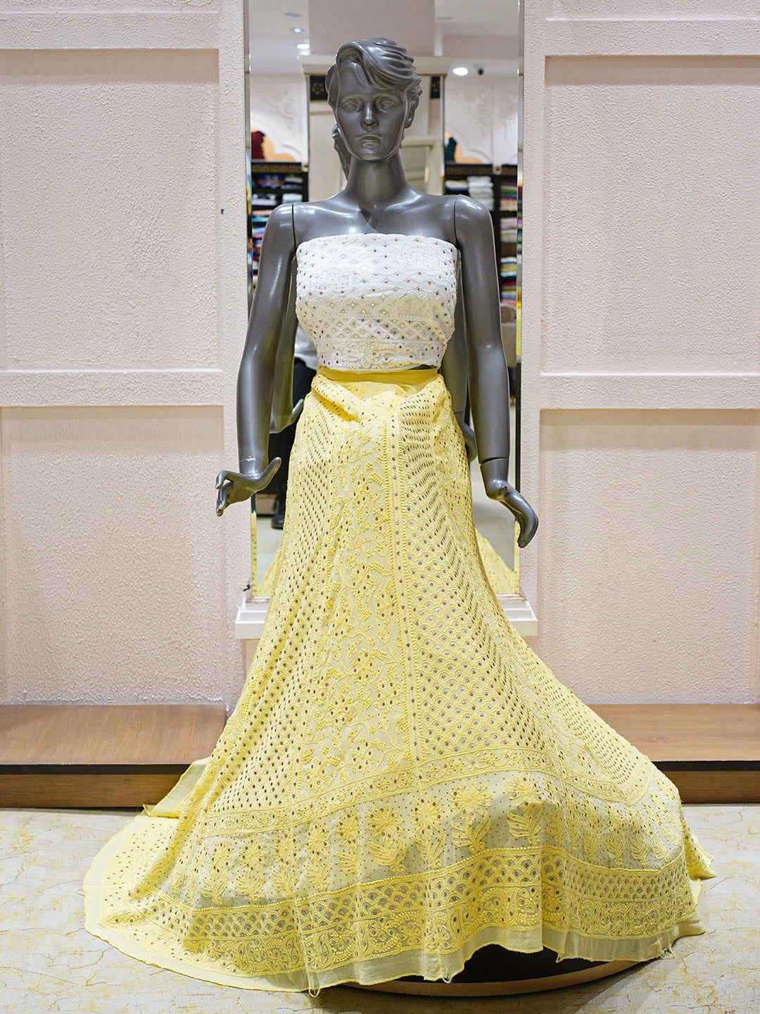 Ada Hand Embroidered Yellow Viscose Georgette Lucknowi Chikankari Lehenga Ghera Only (Skirt) With Mukaish/Muqaish Work 01A762813