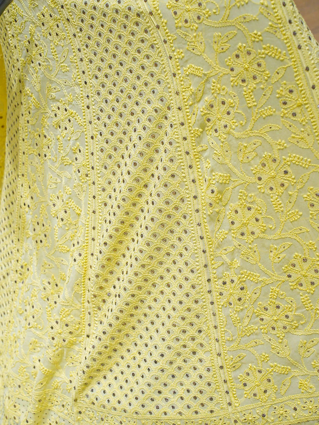 Ada Hand Embroidered Yellow Viscose Georgette Lucknowi Chikankari Lehenga Ghera Only (Skirt) With Mukaish/Muqaish Work 01A762813