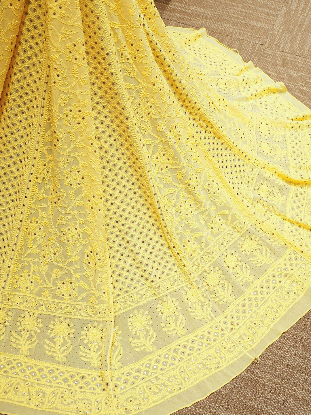 Ada Hand Embroidered Yellow Viscose Georgette Lucknowi Chikankari Lehenga Ghera Only (Skirt) With Mukaish/Muqaish Work 01A762813