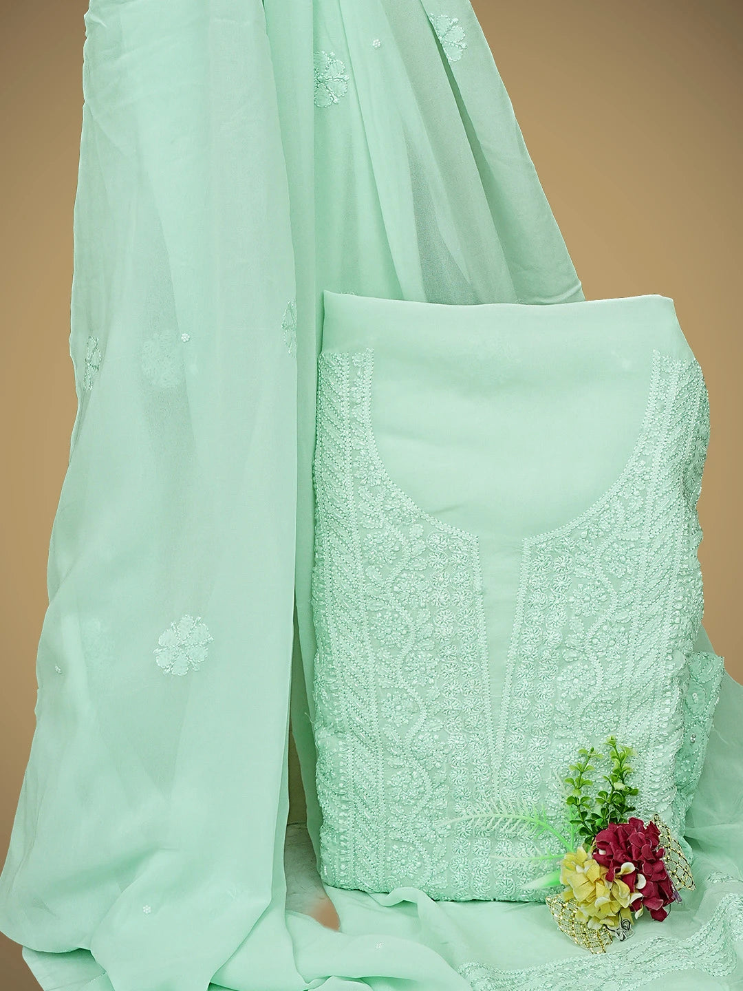 Ada Hand Embroidered Sea Green Viscose Georgette Lucknowi Chikankari Unstitched Kurta Dupatta Set With Cutdana Work 01A933553