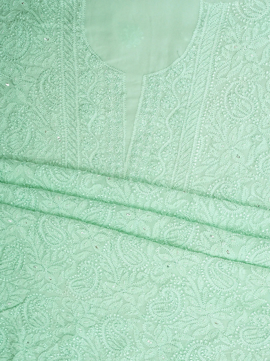 Ada Hand Embroidered Sea Green Viscose Georgette Lucknowi Chikankari Unstitched Kurta Dupatta Set With Cutdana Work 01A933553