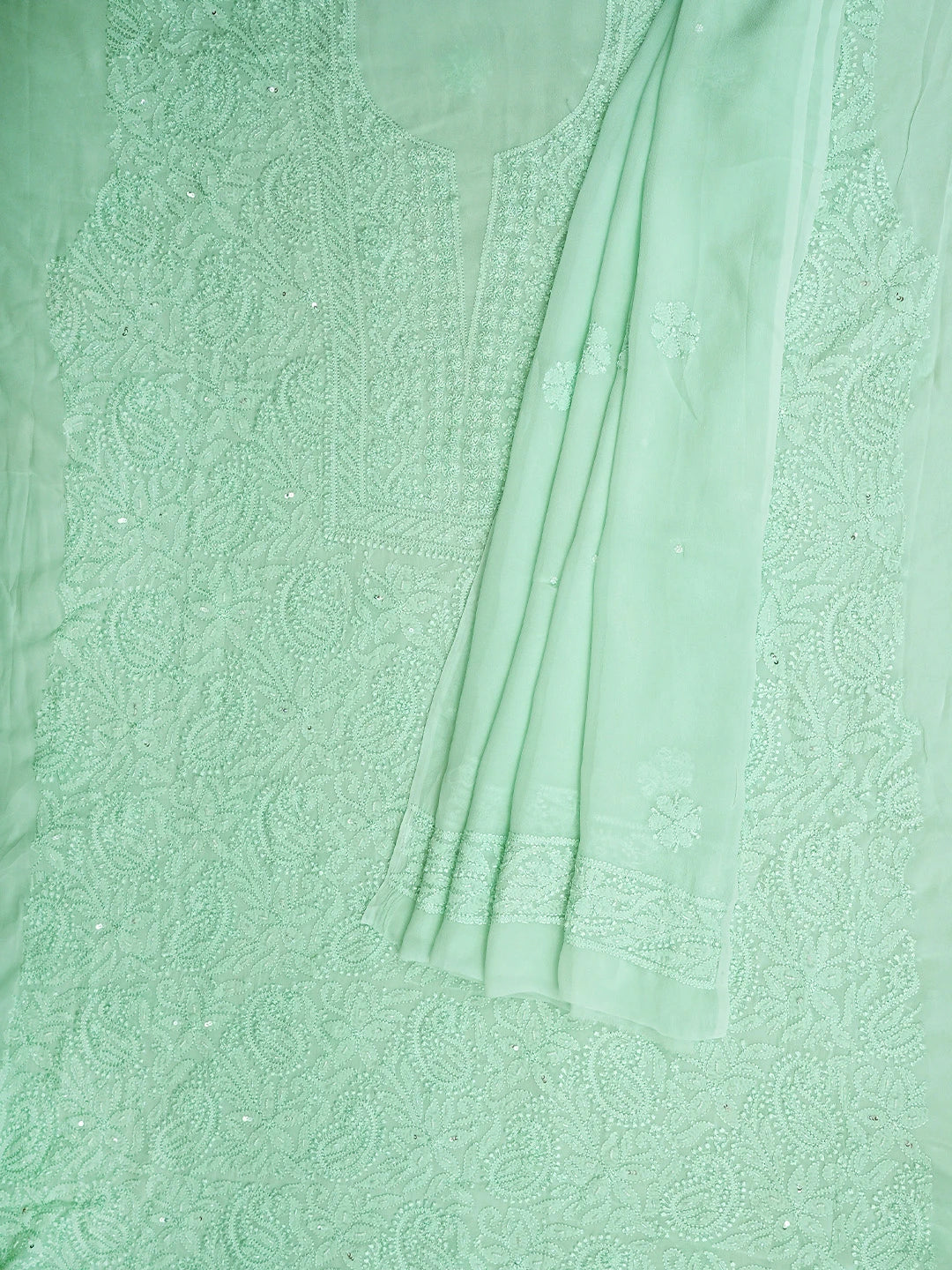 Ada Hand Embroidered Sea Green Viscose Georgette Lucknowi Chikankari Unstitched Kurta Dupatta Set With Cutdana Work 01A933553