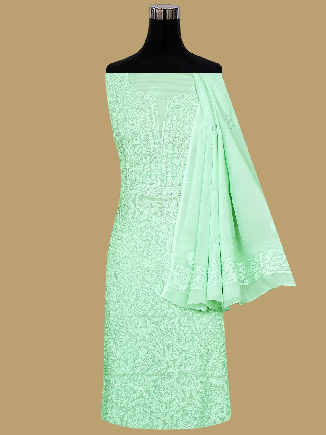 Ada Hand Embroidered Sea Green Viscose Georgette Lucknowi Chikankari Unstitched Kurta Dupatta Set With Cutdana Work 01A933553